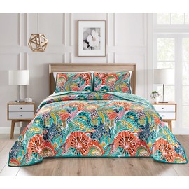 Grand Linen 3-Piece Fine Printed (90 X 88 Inch) Quilt Set Vibrant and Bright Reversible Bedspread Coverlet (Double) Full Size Bed Cover (Turquoise, Blue, Orange Boho, Multi Floral)