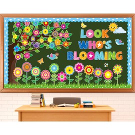 Spring Bloom Flower Bulletin Board Set Look Who’s Blooming Classroom Decorations Spring Tree Growth Mindset Photo Posting Paper Cutouts for Class School Office Nursery Home Chalkboard Door Wall Decor