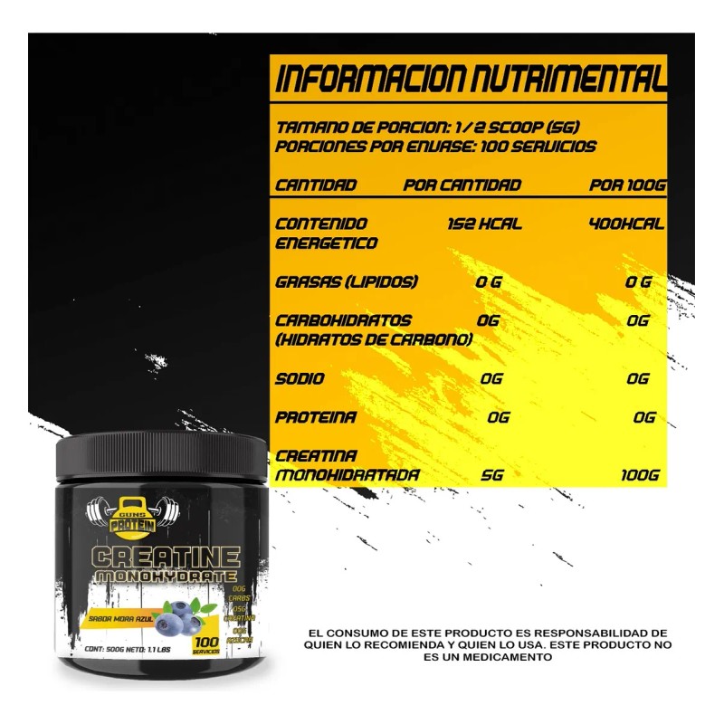 Creatina Monohidratada 500g Guns En Polvo Varios Sabores Mora Azul