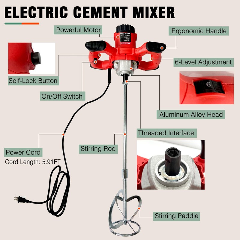 Cement Mixer, 110V Handheld Electric Concrete Mixer with 6 Adjustable