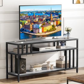 Garvee 58" TV Stand for Television up to 65 Inches, Entertainment Center with 3-Tier Open Shelves, TV Media Console Table with Quadruple-Tube Support for Living Room, Entryway, Grey