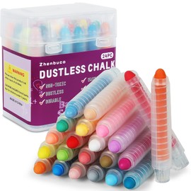 Zhenbuco Sidewalk Chalk for Kids - 24 PCS Colored Non-Toxic Twistable Dustless Chalk with Holder, Dust-free Washable Toddler Chalk for Chalkboard Drawing Writing (Plastic Box-Packed)
