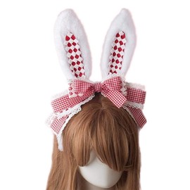 LittleLuluda Easter Party Hair Accessory Headband Gothic Lolita Cosplay Cute Rabbit Bunny Ears Bow Lace Hair Band Headwear (Red)