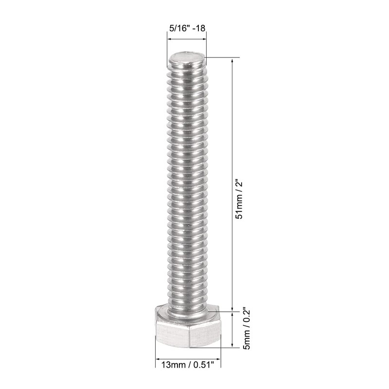 sourcing map 5/16-18x2" Hex Bolts 304 Stainless Steel Hexagon Screw