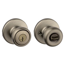 Kwikset Tylo Entry Door Knob with Lock and Key, Secure Keyed Handle Exterior, Front Entrance and Bedroom, Antique Brass, Pick Resistant SmartKey Rekey Security and Microban