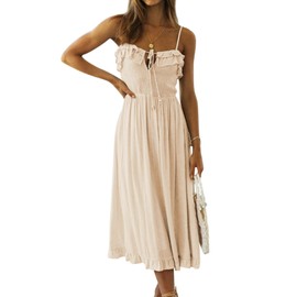 R.Vivimos Womens Summer Cotton Spaghetti Straps V-Neck Ruffle Casual Boho Midi Flowy Dress (Medium, Beige)