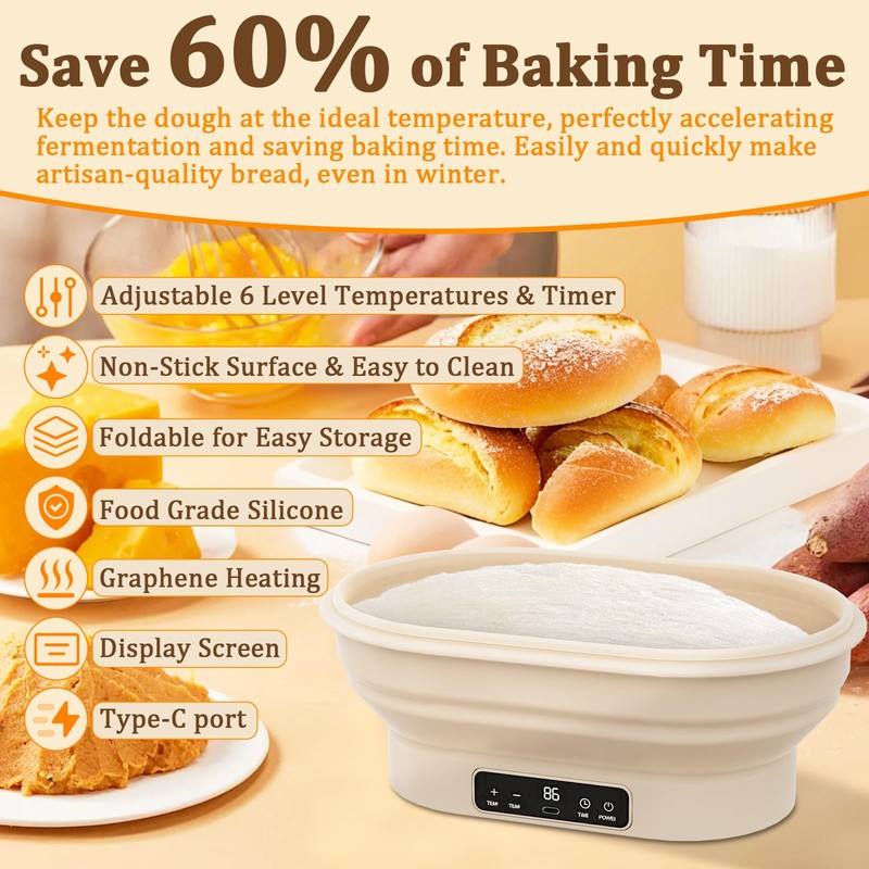 PChero Heating Sourdough Bread Proofing Basket with 6 Temp &