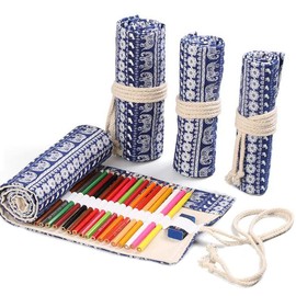 Flyusa Colored Canvas Pencil Case Roll Wrap Holders for Student Artist Adult Coloring Travel Storage Organizers with 72 Slots(Elephant)