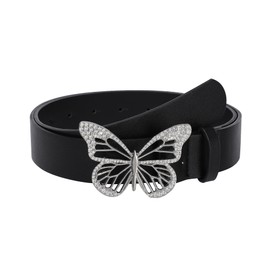 Coubeau Wide Women's Belt - Fashionable Rhinestone Butterfly Buckle Hole Belt Faux Leather Suitable for Denim Dresses, black