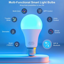 FRIDEKO HOME Smart Light Bulbs - Smart Bulbs That Work with Alexa and Google Home, LED Colored Light Bulb 2.4Ghz WiFi, RGBWW Lighting Bulb, Music Sync, A19, 800 Lumens, 4 Pack