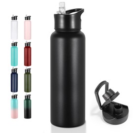 VEGOND 40 oz Insulated Water Bottle Stainless Steel Metal Water Bottles with Leak Proof Straw Lid & Spout Lid, Wide Mouth Double Walled Vacuum Travel Sports Bottle, Black