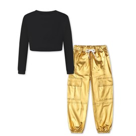 Betusline Cute Clothes for Teen Girls, Long Sleeve Black Crop Tops Tee Shirts + Gold Cargo Jogger Pants Outfits 2pcs Clothes Set, 9-10 Years = Tag 150