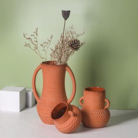Dheureka Terracotta Vases Sets of 3, Farmhouse Decor, Ceramic Vase for Flower, Wide Mouth Rustic Home Decor Vases for Flowers, Living Room, Table,Shelf and Accessories, Terracotta