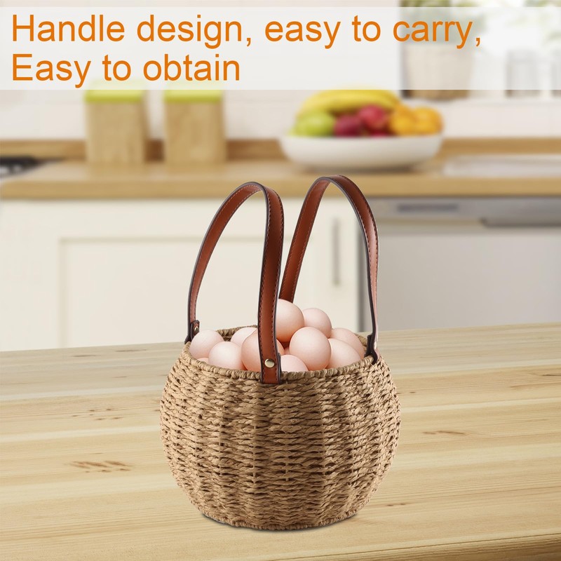 Farmhouse Egg Basket,Large Egg Collecting Basket with Handle,Round Wicker Egg