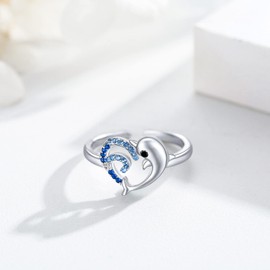 REDSUN Adjustable Ring 925 Sterling Silver Moonstone Ring Adjustable Open Ring Cat/Star/Double Heart/Celtic Cross/Dolphins Engagement Ring Friendship Ring Jewellery for Women, Sterling Silver