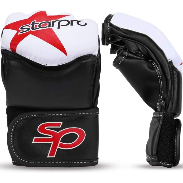 Starpro MMA Grappling Gloves Training - Good for Kickboxing Martial Arts Karate Combat Cage Fight Sparring Punch Bag Boxing Mitts | Synthetic Leather for Men & Women White & Red (White/Black, XL)