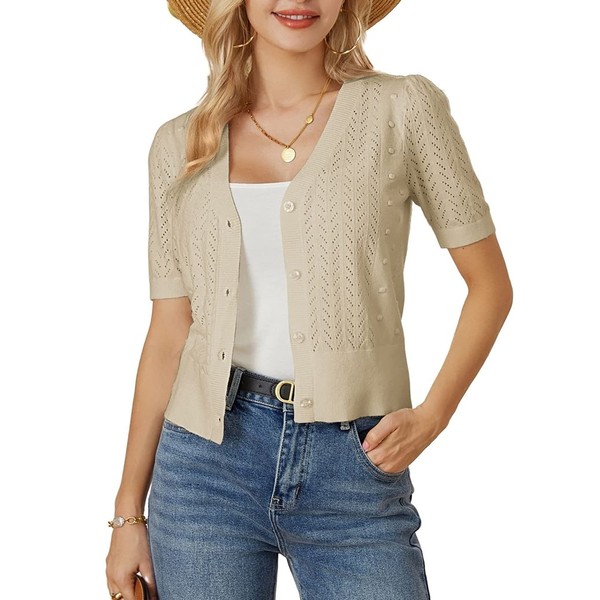Lightweight Crochet Shrug Short Sleeve Womens Cardigan Sweaters Dressy V-Neck