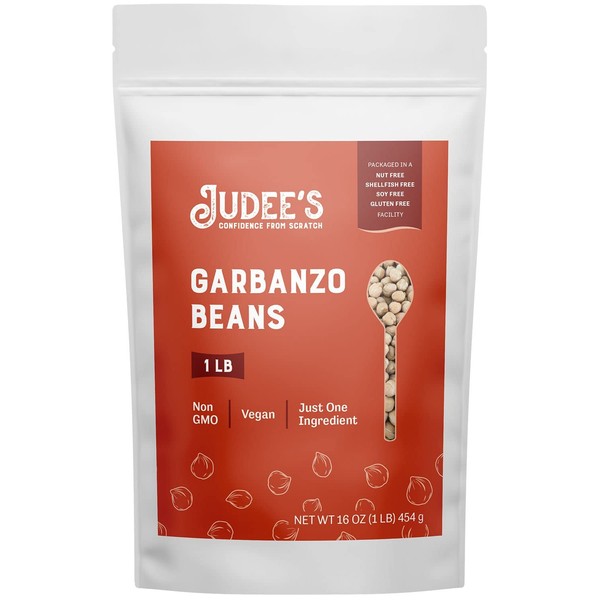 Judee's Garbanzo Frijoles 1 libra – sin OMG, vegano, solo un ingrediente – ideal para hervir, asar, hacer hummus, y falafels – Instalación dedicada sin gluten y nueces