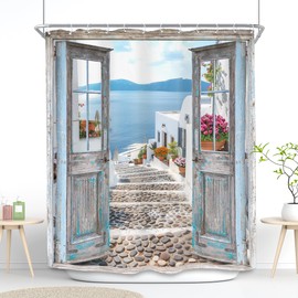 SVBright Beach Ocean Shower Curtain 60Wx72L Inch Landscape Blue Barn Door Santorini Seaside Coastal European Scenery Rustic Wooden 12 Pack Hooks Polyester Waterproof Fabric Bathroom Bathtub Panels