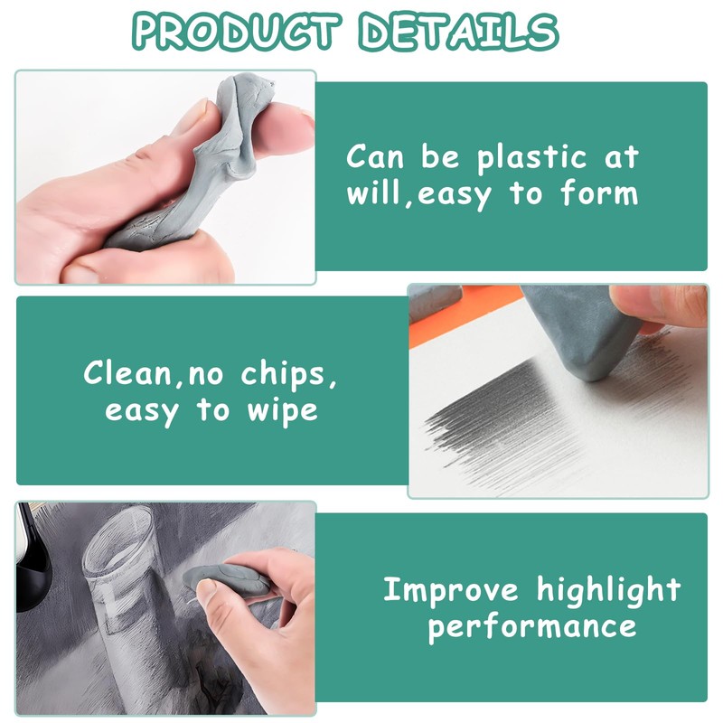 4Pcs Kneaded Art Erasers, Grey Kneadable Artists Putty Rubber,Create Highlights,