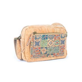 Portuguese Cork Crossbody Bag, Natural with Printed Design, 10L x 3W x 6H inches (BAGF-071-G)