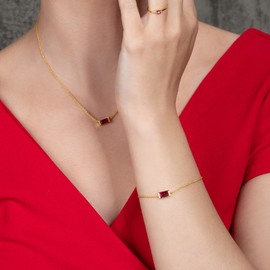 namana Dainty Red Bracelet in Gold for Women, Gold Bracelets for Women and Teenage Girls with Red Stones in a Baguette Cut, Cute Gold Plated Bracelet for Women with a Ruby Red Stone