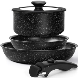 MICHELANGELO Pots and Pans Set Detachable Handle, 5 Piece Nonstick Kitchen Cookware Sets, Stackable Pots and Pans Set with Removable Handle, Oven Safe - 5Pcs, Black