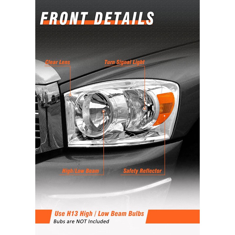 AXLAHA for 2006-2009 Dodge Ram Headlights Assembly Chrome