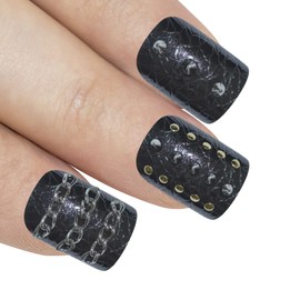 False Nails Bling Art Black Punk French Squoval 24 Fake Medium Acrylic Tips