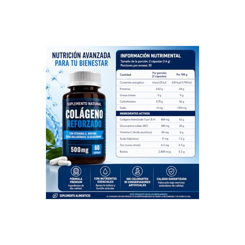 COLÁGENO REFORZADO Fórmula Premium, 60 Cápsulas de 500mg