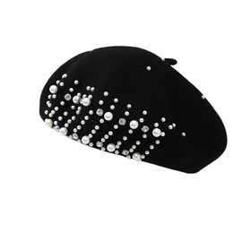 Punctualgood Beret Hat for Women, French Pearl Rhinestone Beanie Hat Winter Warm Adjustable Artist Cap(Black)