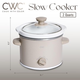 COOK WITH COLOR 2QT Mini Electric Round Slow Cooker - Adjustable Settings, Removable Stoneware Pot, Tempered Glass Lid, Dishwasher Safe, Cool-Touch Side Handles, Sand