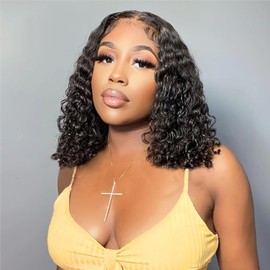 Rebasar Short Bob Wigs 13 x 4 Deep Curly Lace Front Wigs Human Hair for Women Lace Front Wigs Human Hair Pre Plucked with Baby Hair Natural Hairline (16 Inches)