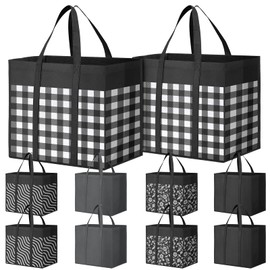 StorMiracle Reusable Grocery Bags 10-Pack, Large Foldable Reusable Shopping Tote Bags Bulk for Groceries, Waterproof Kitchen Cloth Produce Bags with Long Handles, Lightweight-Plaid Style G