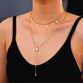 Cimenexe Bohemian Layered Moon Star Choker Necklace Gold Crescent Star Pendant Necklace Small Moon Star Y Lariat Chain Necklace Minimalist Moon Star Chain Necklace Jewelry for Women