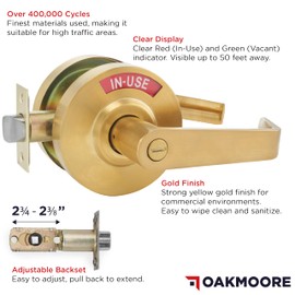 OAKMOORE Commercial Door Handle Bathroom Door Lock in Gold | Vacant Occupied Bathroom Lock | Commercial Restroom Door Lock for Public Bathroom & Industrial Buildings