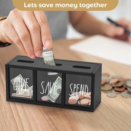 Wooden Give Save Spend Money Saving Box for Kids, Countertop Kid Piggy Bank for Daily Cash, Wall-Mount Kids Banks for Bills and Coins, Visualized Piggy Bank for Bedroom, Living Room, Laundry Room…