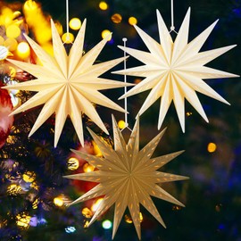 EASY JOY 14-Pointed Brown White Paper Star Lanterns Christmas Paper Decorations Indoor Hollow Out 18 Inch Christmas Hanging Paper Stars Xams Party Home Decor