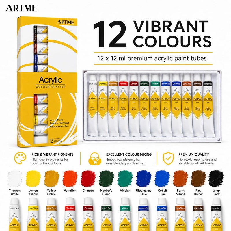 Artme Acrylic Paint Set, 12 x 12ml Tubes, Non-Toxic Rich