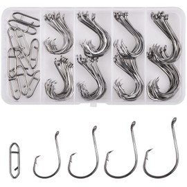 Saltwater Fishing Circle Hooks Kit 2X Strong Offset Circle Hooks Black High Carbon Steel Catfish Fishing Hooks Power Clips for Sea Freshwater