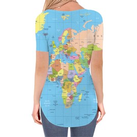 KYKU World Map Tshirt Women Earth Shirt V Neck Globe Tshirts Geographer Gift Blue