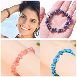 KARLOR 5-Pcs Crystal Bracelet Set, Stone Bracelets Elastic Beaded Bracelets for Women Girls Crystal Gravel Blue, White Turquoise Red Brown,Colorful Chip Friendship Bracelet-Kit Gift