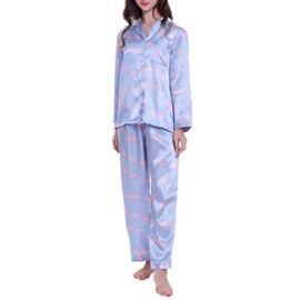 Lavenderi Women's Long Sleeve Premium Satin Pajama Set (Small, Flamingos Print)