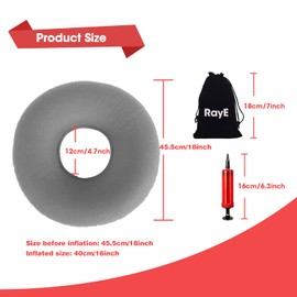 RayE Large Orthopaedic Seat Cushion, 45 cm Haemorrhoid Seat Cushion, Inflatable Seat Cushion, Orthopaedic Doughnut Seat Cushion, Inflatable Cushion, Soft Seat Ring with Pump, Grey
