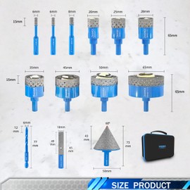 Diamond Core Drill Bits Set - ZNXIMER Porcelain Tile Hole Saw Kit for Ceramic, Granite, Marble and More Drilling - 13pcs Diamond Hole Saw Kit(6/6/8/20/25/28/35/45/50/65MM/2/6MM/10MM)