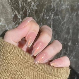 LIyun&Hang 24Pcs Medium-length Press On Nails, Auroral Magic Colour Full Set Square Fake Nails for Women, Reusable Stick On Nails in Fake Nails Kit, Nuts Glazed (Type-K)