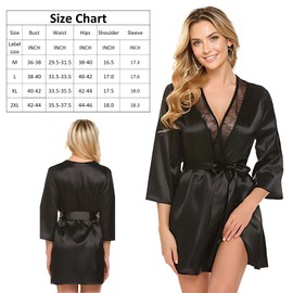 Wisebom Bathrobes for Women, Dressing Gown V-Neck Nightdress Bridal Lace Sleepwear Women's Satin Kimono Robe for Spa Loungewear, black, XL