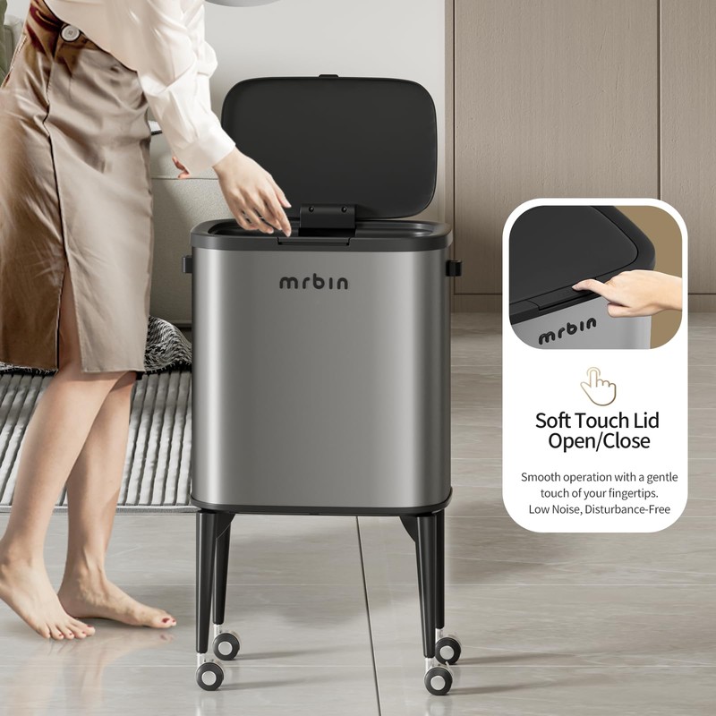 MRBIN Metal Kitchen Trash Can with Wheel Legs, 36L /