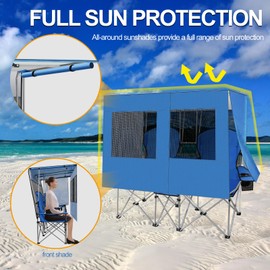 BESTHLS Double Canopy Camping Chair with Shade Folding Loveseat Chairs with Cup Holder Cooler Bag Organize Pouch for Camp Beach Sports Lawn Patio Outside (Blue)