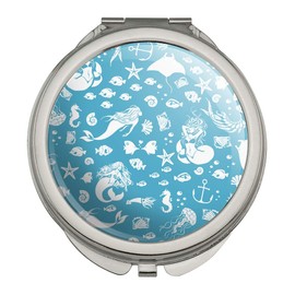 Blue Mermaid Pattern with Seashells Fish Manta Rays Ocean Compact Travel Purse Handbag Makeup Mirror